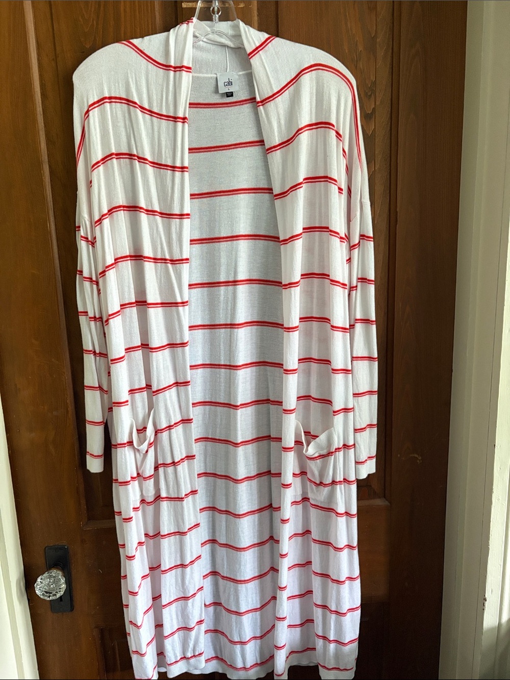 CAbi White Cardigan with Red Stripes